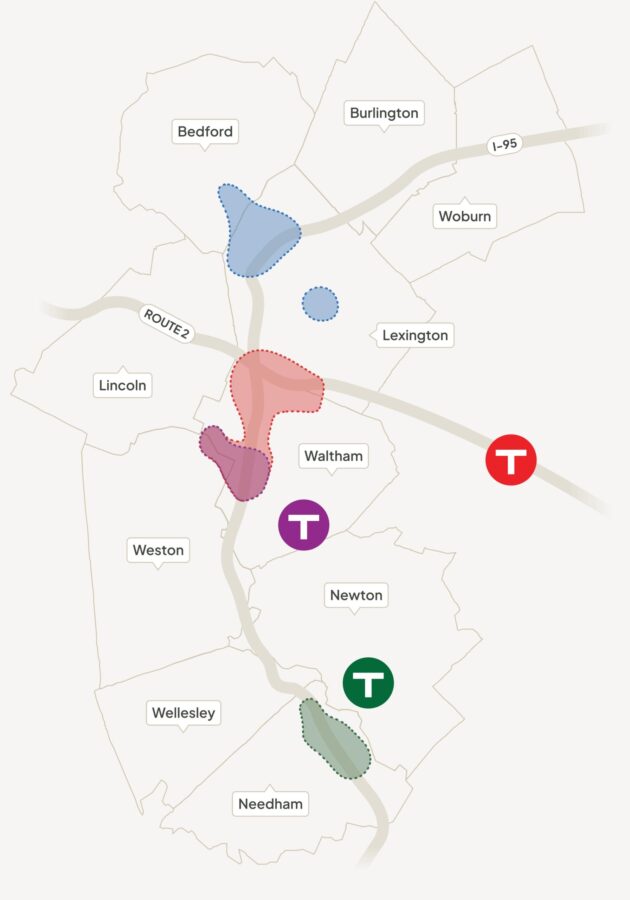 128BC service areas along I-95/Route 128: R1 & R2 link Alewife to Lexington/Bedford; Alewife shuttles cover Waltham/Lexington near Route 2; W1 serves Waltham Center/I-95 parks; N1 links Newton Highlands and Needham. MBTA stations shown.