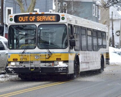MBTA bus with Out of Service on Destination Sign. The Grid's service holidays might not match the MBTA's.