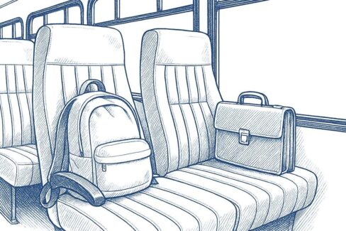 Illustration of shuttle seat etiquette: a backpack and briefcase taking up two seats on a shuttle.