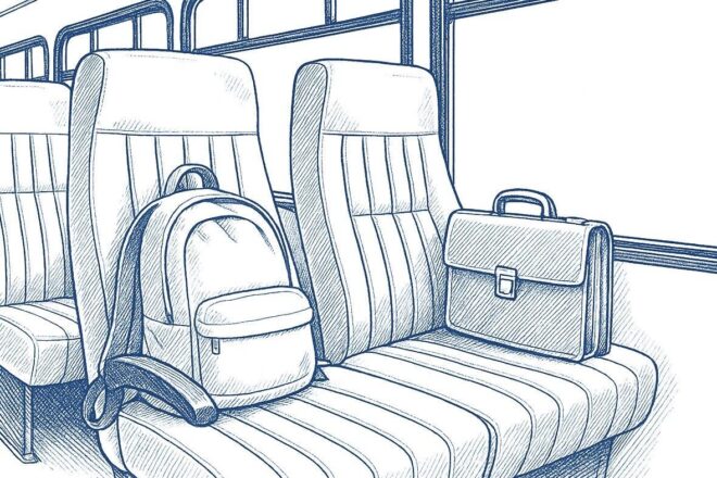 Illustration of shuttle seat etiquette: a backpack and briefcase taking up two seats on a shuttle.