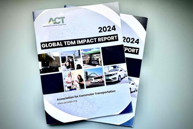 Two copies of ACT’s 2024 Global TDM Impact Report, showing the cover with the ACT logo, report title, year, and a photo collage of transportation scenes.