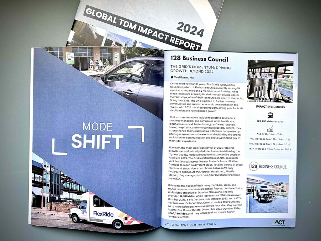 Open copy of ACT’s 2024 Global TDM Impact Report. The left page features the ‘Mode Shift’ heading. The right page shows the article on 128 Business Council’s The Grid shuttle system with photos and ridership statistics.