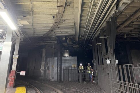 The wooden overhead catenary trough – seen here at Park Street – dates back to the late 1890s and will be replaced with a modern, more durable, metal trough.