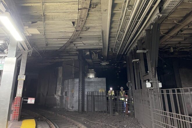 The wooden overhead catenary trough – seen here at Park Street – dates back to the late 1890s and will be replaced with a modern, more durable, metal trough.