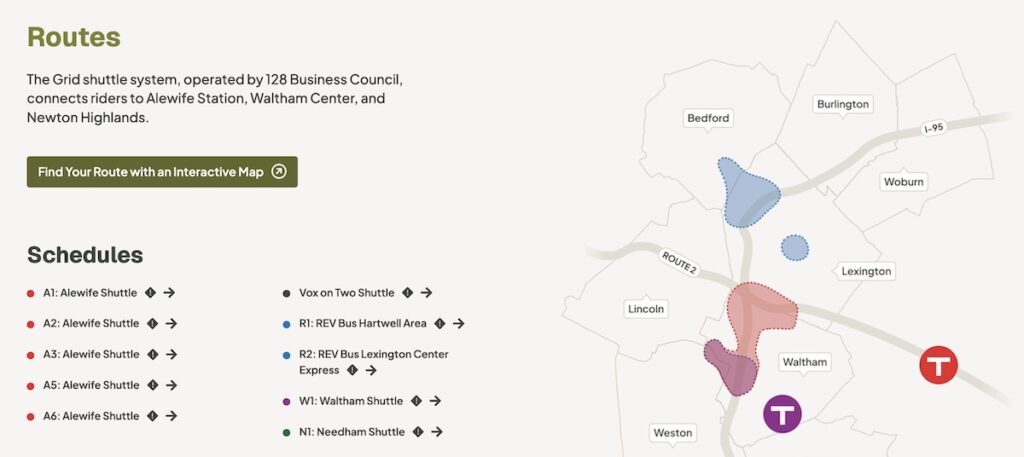 Screenshot of the new service area map on the homepage, which shows each route system as a shaded zone on a map of the municipalities along Route 128 West.
