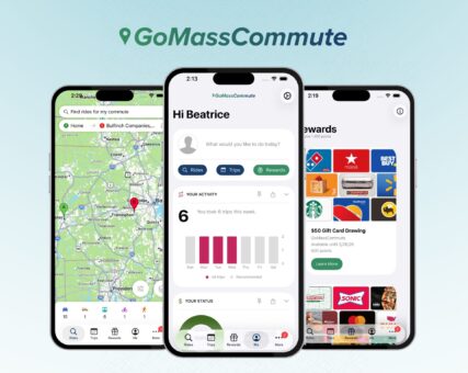 Phone screens displaying a commuter rewards app for logging trips, tracking impact, and joining non-SOV challenges.