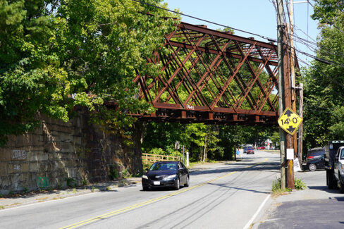 Linden Street Bridge view showing the historic bridge's distinctive lattice pattern.