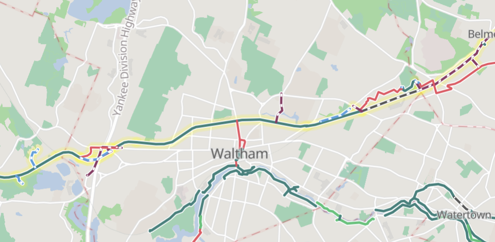 Screenshot of the Mass Central Rail Trail project map, zoomed in to show the completed segment in Waltham