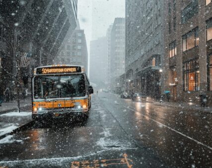 Watertown area MBTA bus in the snow