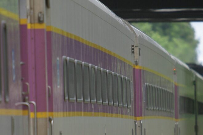 Exterior side view of Commuter Rail train.