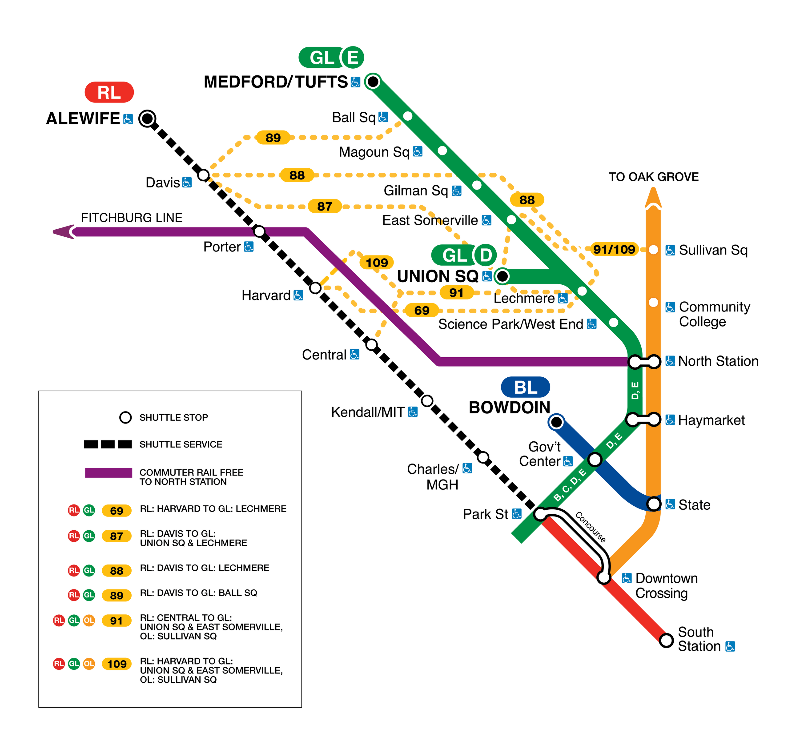 Map of replacement shuttle coverage, showing that the Red Line will be replaced by shuttle service between Park Street and Alewife Station. This includes Charles/MGH, Kendall/MIT, Central, Harvard, Porter, and Davis.