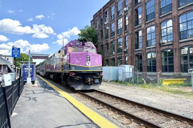 MBTA Commuter Rail train rolls through Waltham Center.